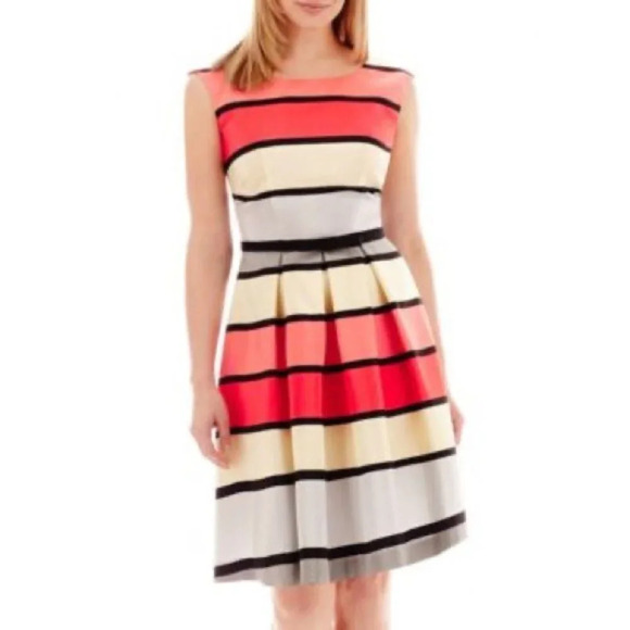 Women's 10 Danny & Nicole Belted Striped Dress Black Gray Coral Belted Pleated - Picture 1 of 7